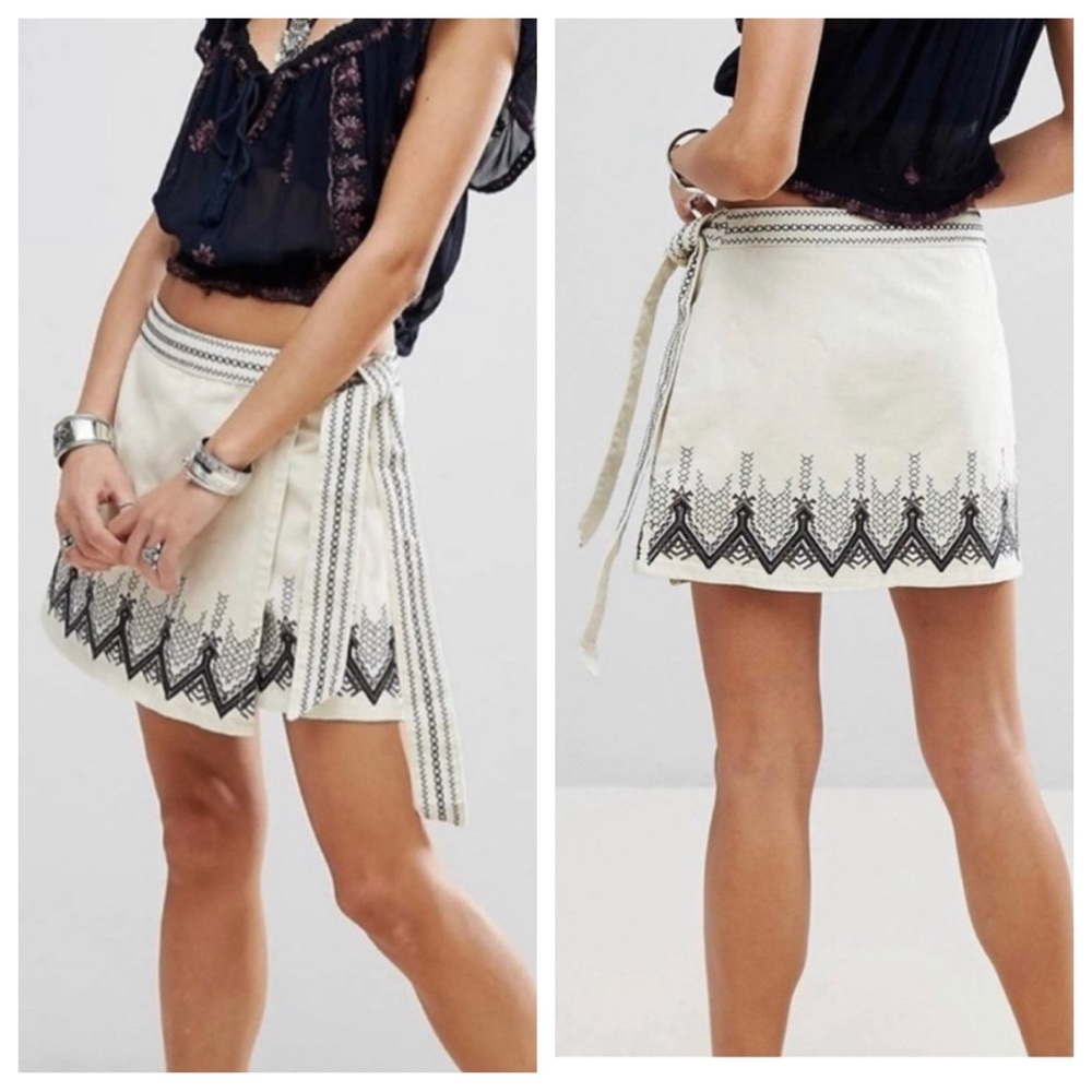 free people dream away embroidered wrap mini skirt